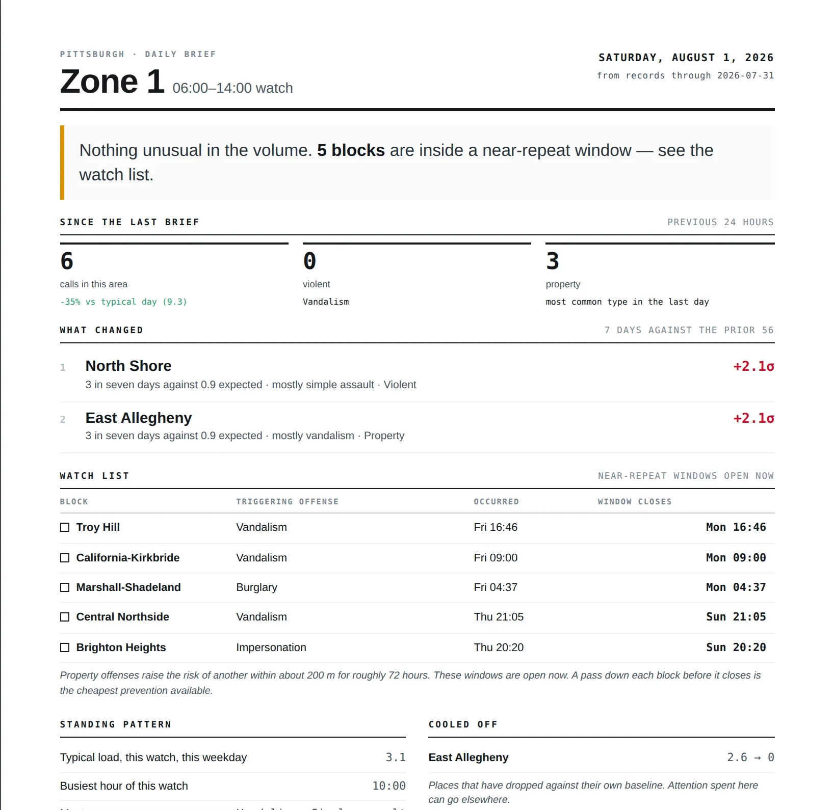 The daily brief for one zone: headline, previous 24 hours, what changed, the watch list and the typical load