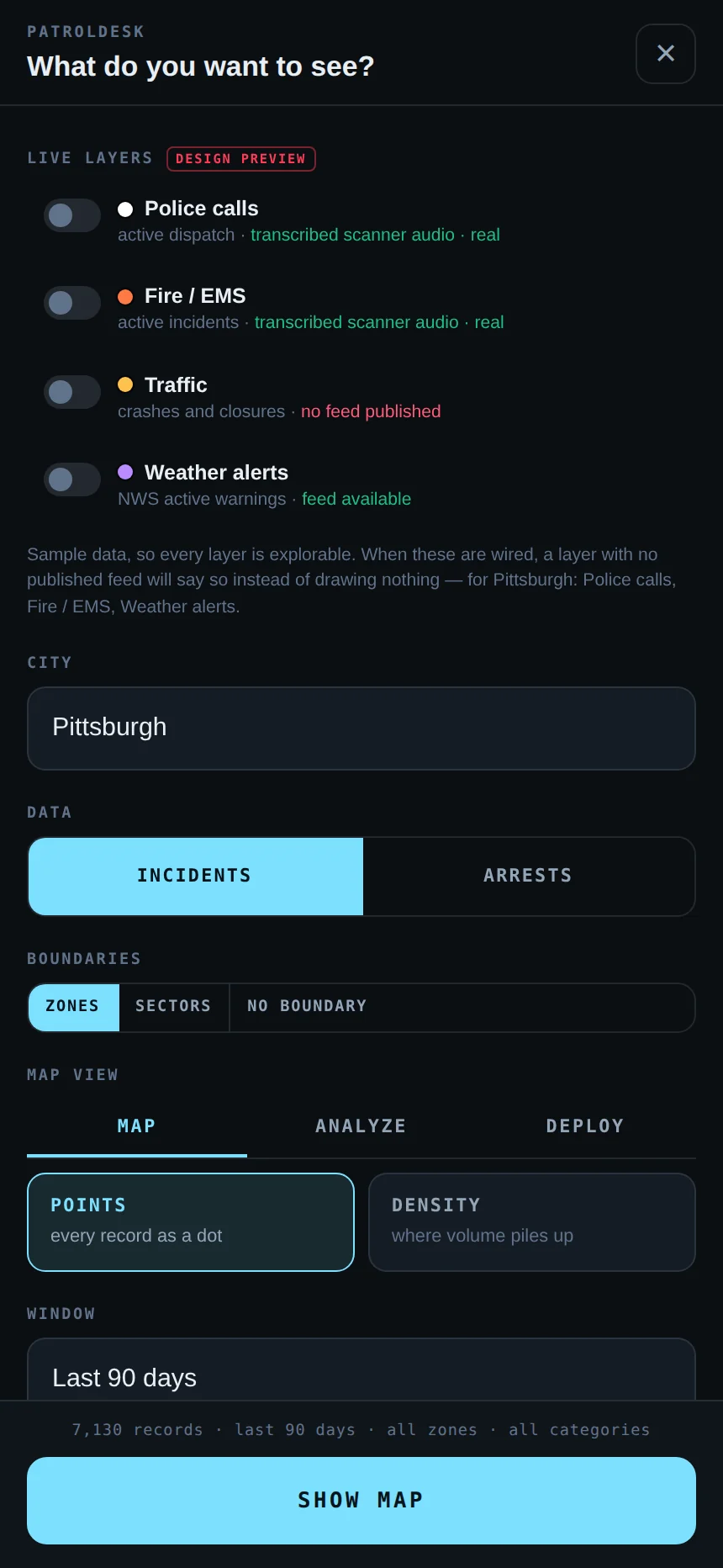The mobile picker: one full-screen panel for every selection