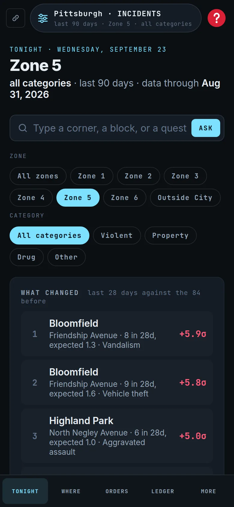 The Tonight screen on a phone: zone and category chips, what changed, and the tab bar