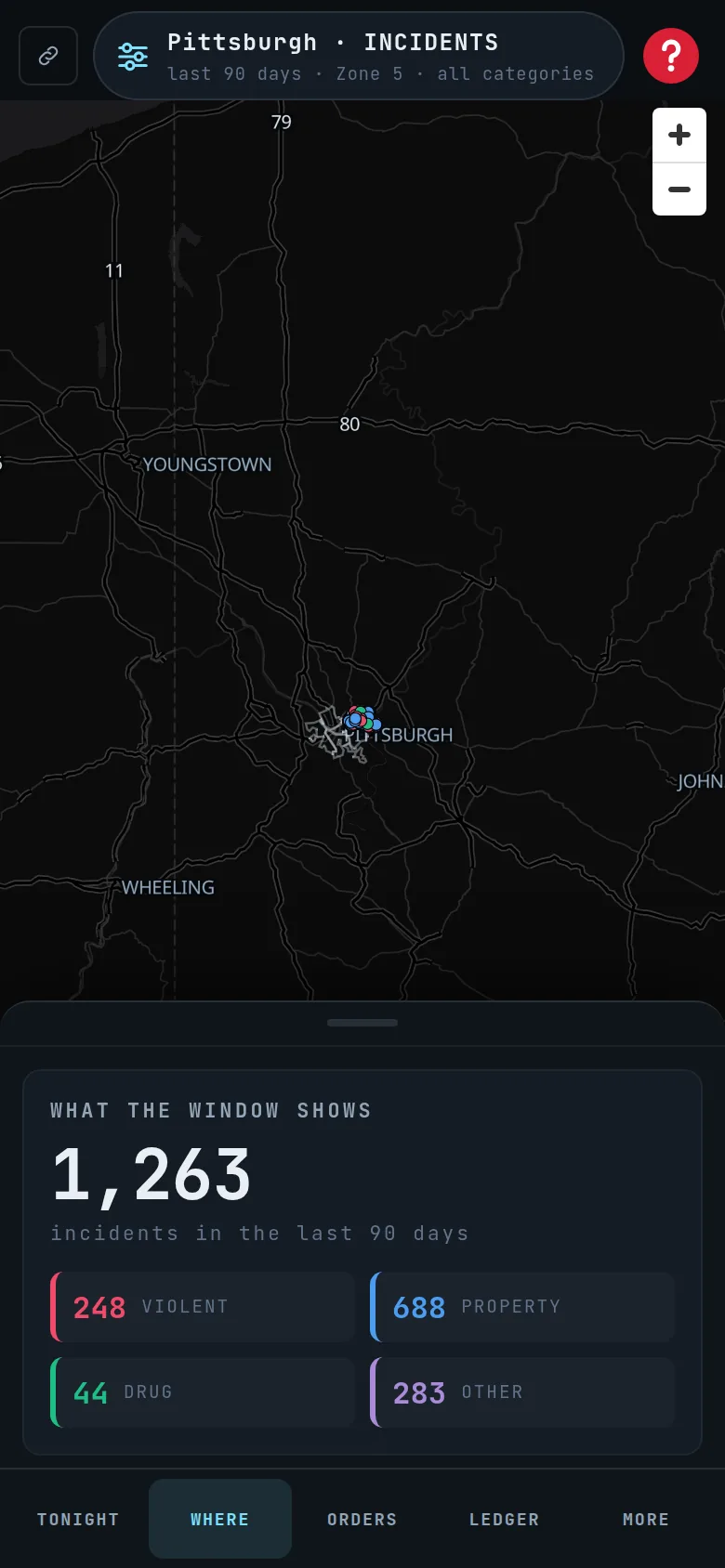 The Where screen on a phone: the map full-screen and the findings sheet at rest